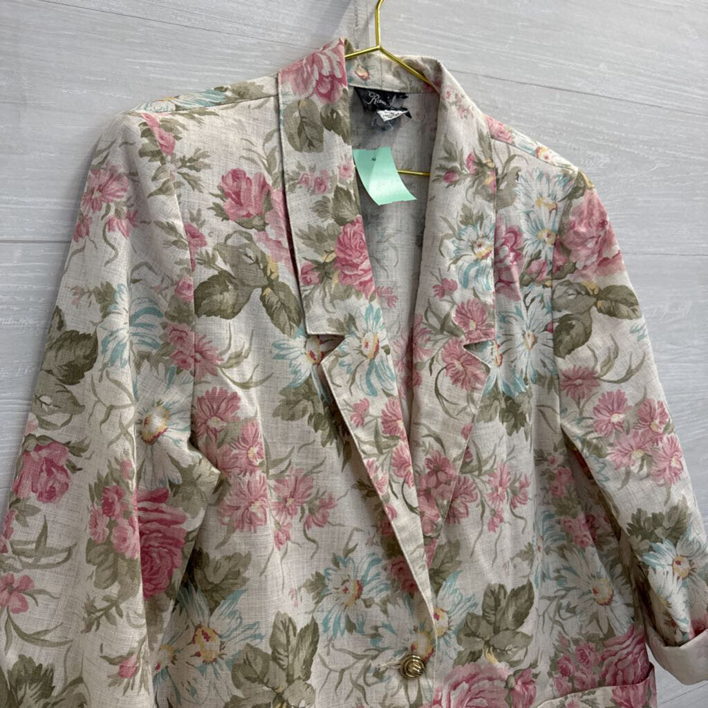 Vintage Radcliffe Cream/ Multi Floral Print Linen Blend Blazer Jacket 14