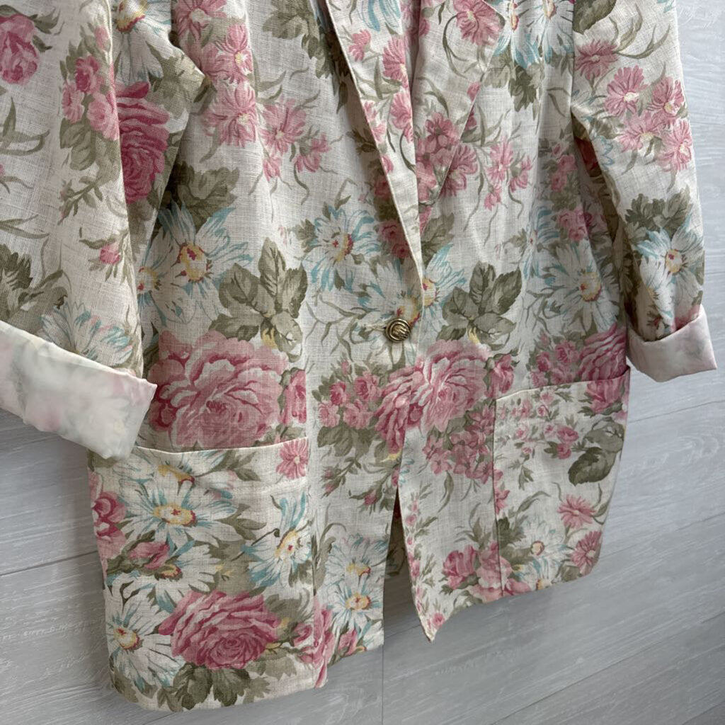 Vintage Radcliffe Cream/ Multi Floral Print Linen Blend Blazer Jacket 14