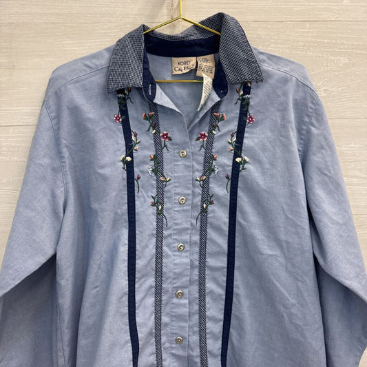 Vintage Koret Blue Embroidered Detail Long Sleeve Button Down Top Large