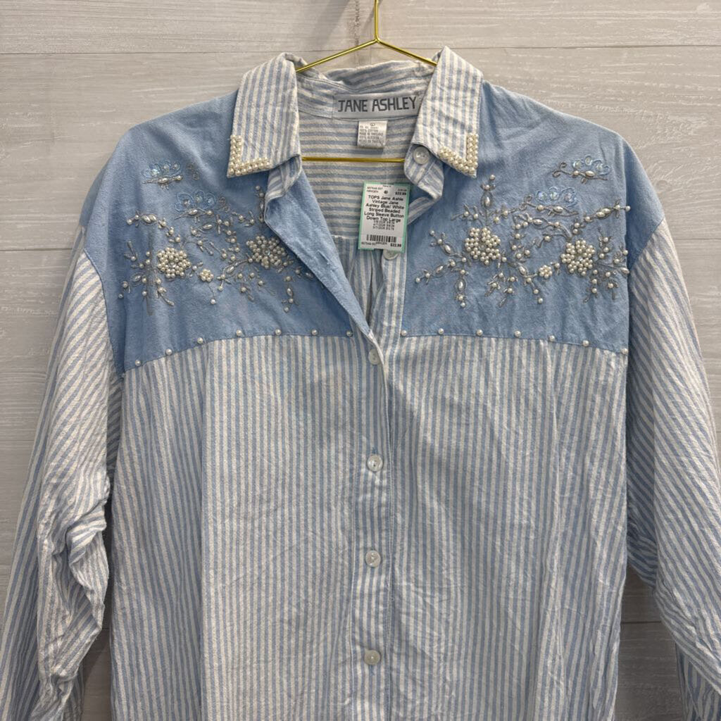 Vintage Jane Ashley Blue/ White Striped Beaded Long Sleeve Button Down Top Large