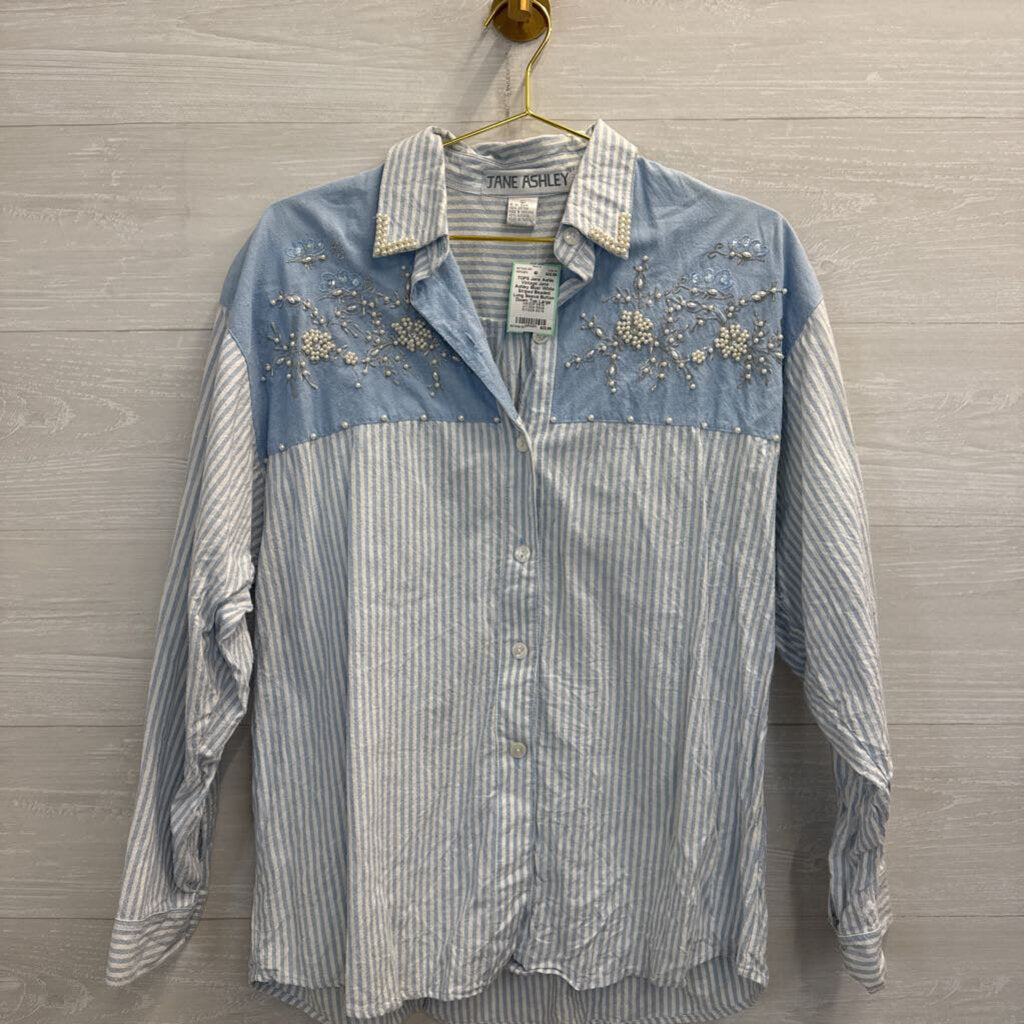 Vintage Jane Ashley Blue/ White Striped Beaded Long Sleeve Button Down Top Large