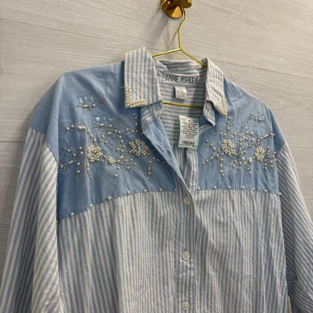 Vintage Jane Ashley Blue/ White Striped Beaded Long Sleeve Button Down Top Large
