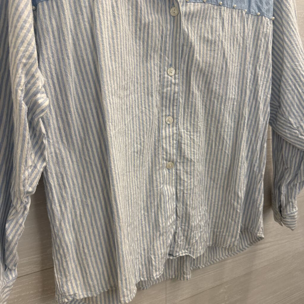 Vintage Jane Ashley Blue/ White Striped Beaded Long Sleeve Button Down Top Large