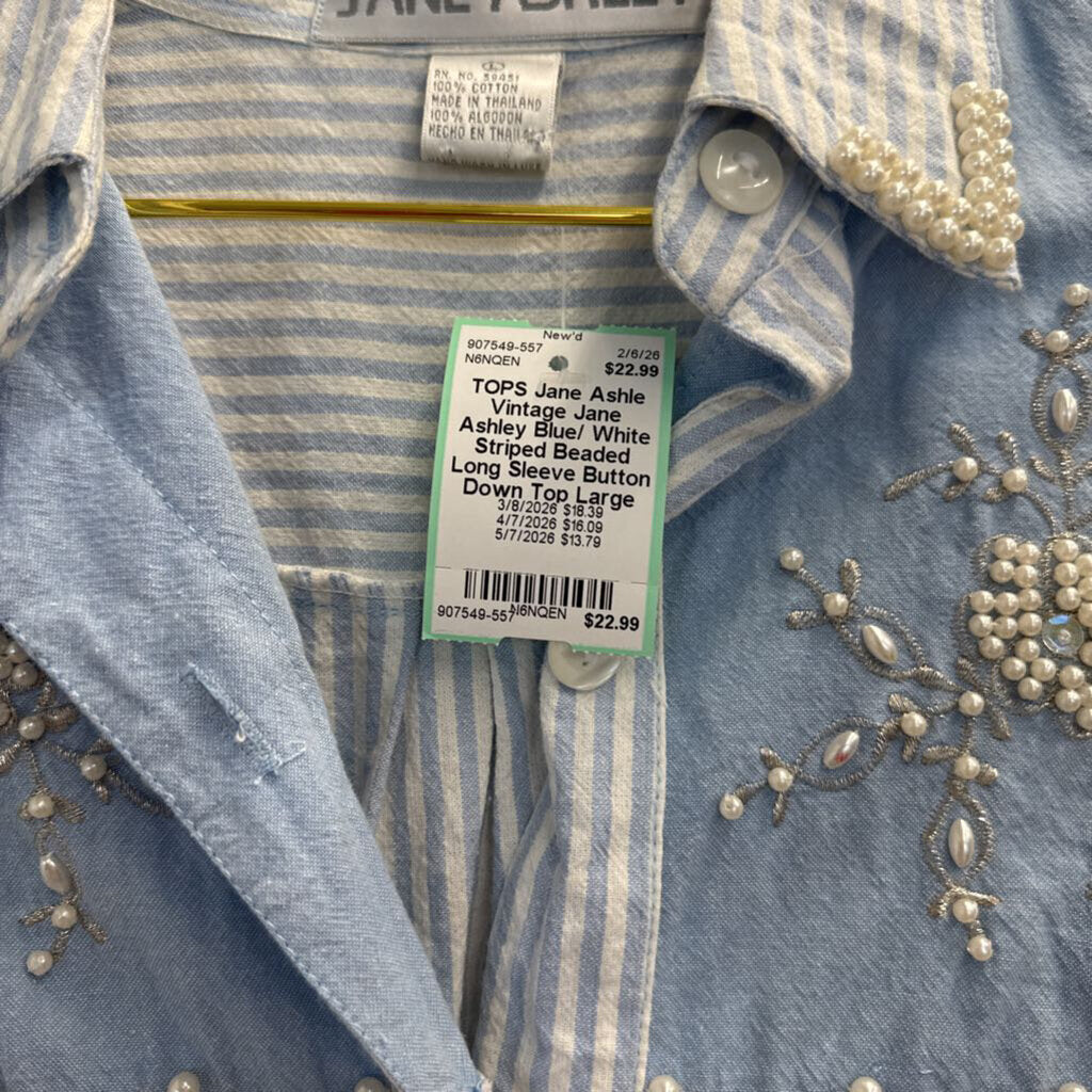 Vintage Jane Ashley Blue/ White Striped Beaded Long Sleeve Button Down Top Large