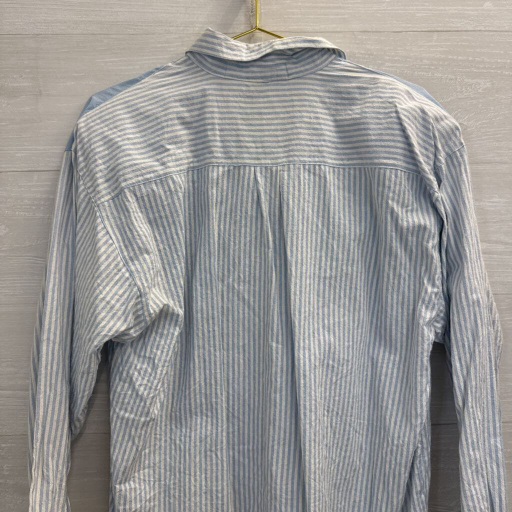 Vintage Jane Ashley Blue/ White Striped Beaded Long Sleeve Button Down Top Large