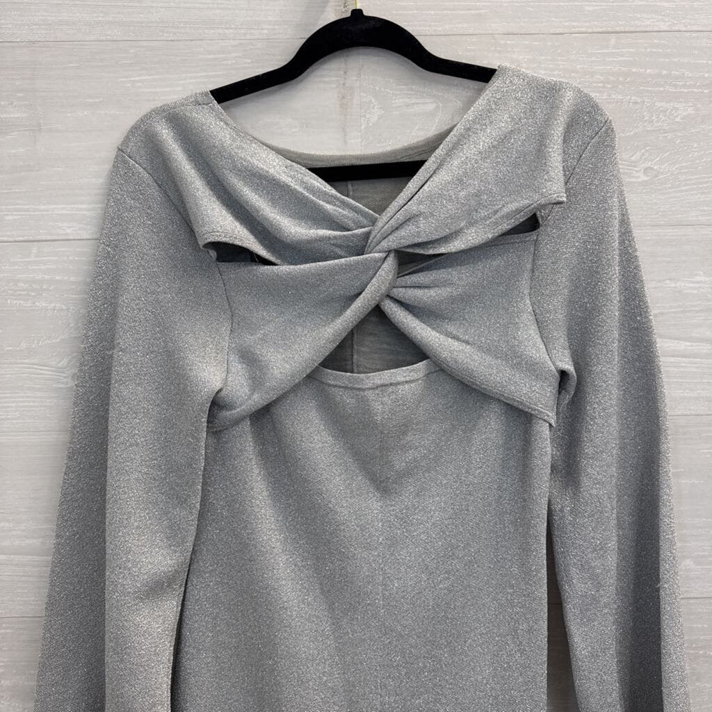 J Crew Silver Shimmer Knit Long Sleeve Knot Back Dress Medium