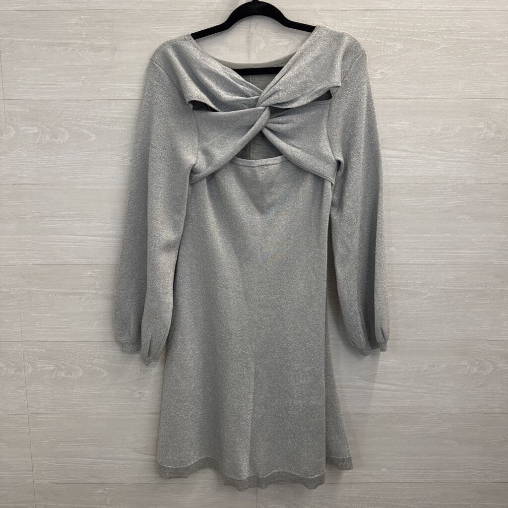 J Crew Silver Shimmer Knit Long Sleeve Knot Back Dress Medium