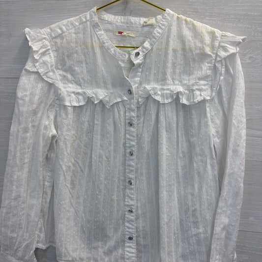 Levi White Dot/ Ruffle Detail Long Sleeve Top Large