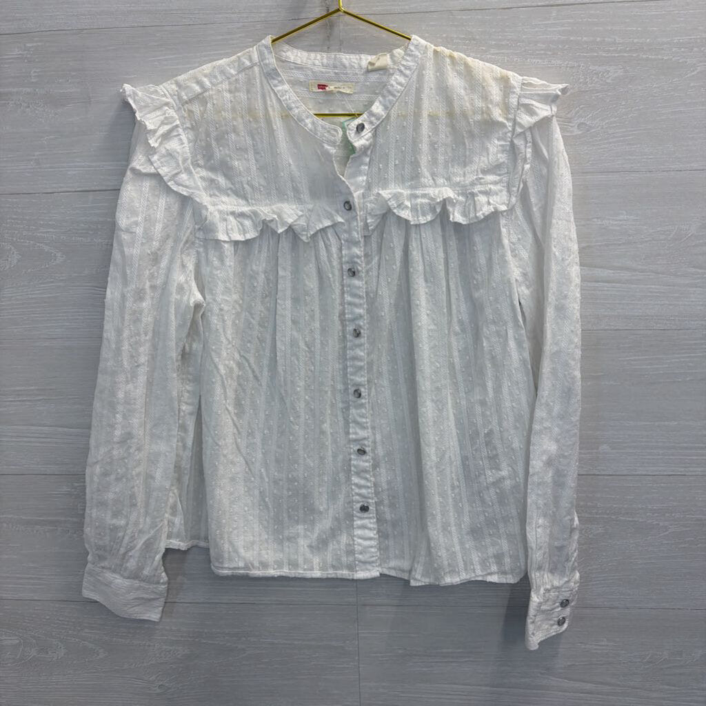 Levi White Dot/ Ruffle Detail Long Sleeve Top Large