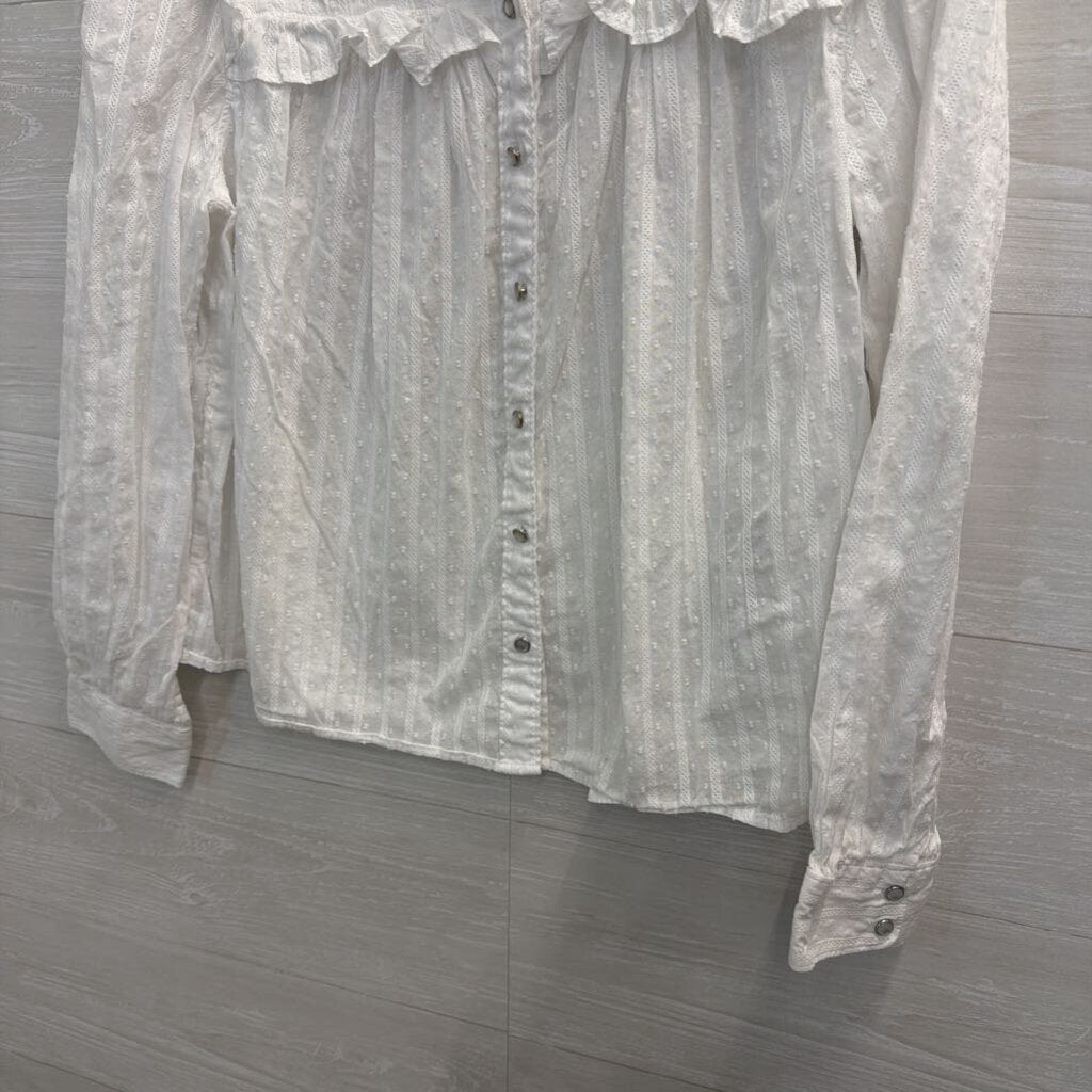 Levi White Dot/ Ruffle Detail Long Sleeve Top Large