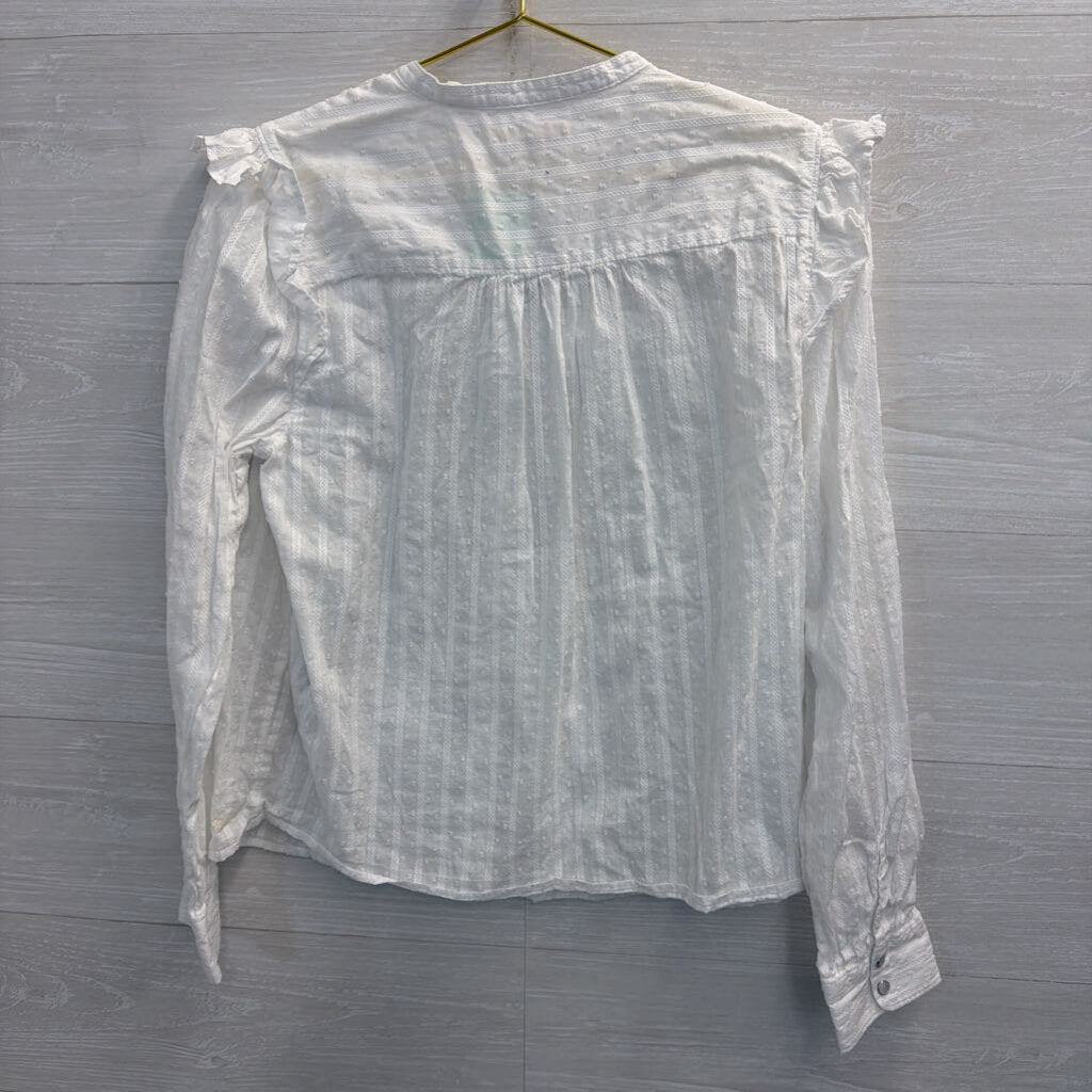 Levi White Dot/ Ruffle Detail Long Sleeve Top Large