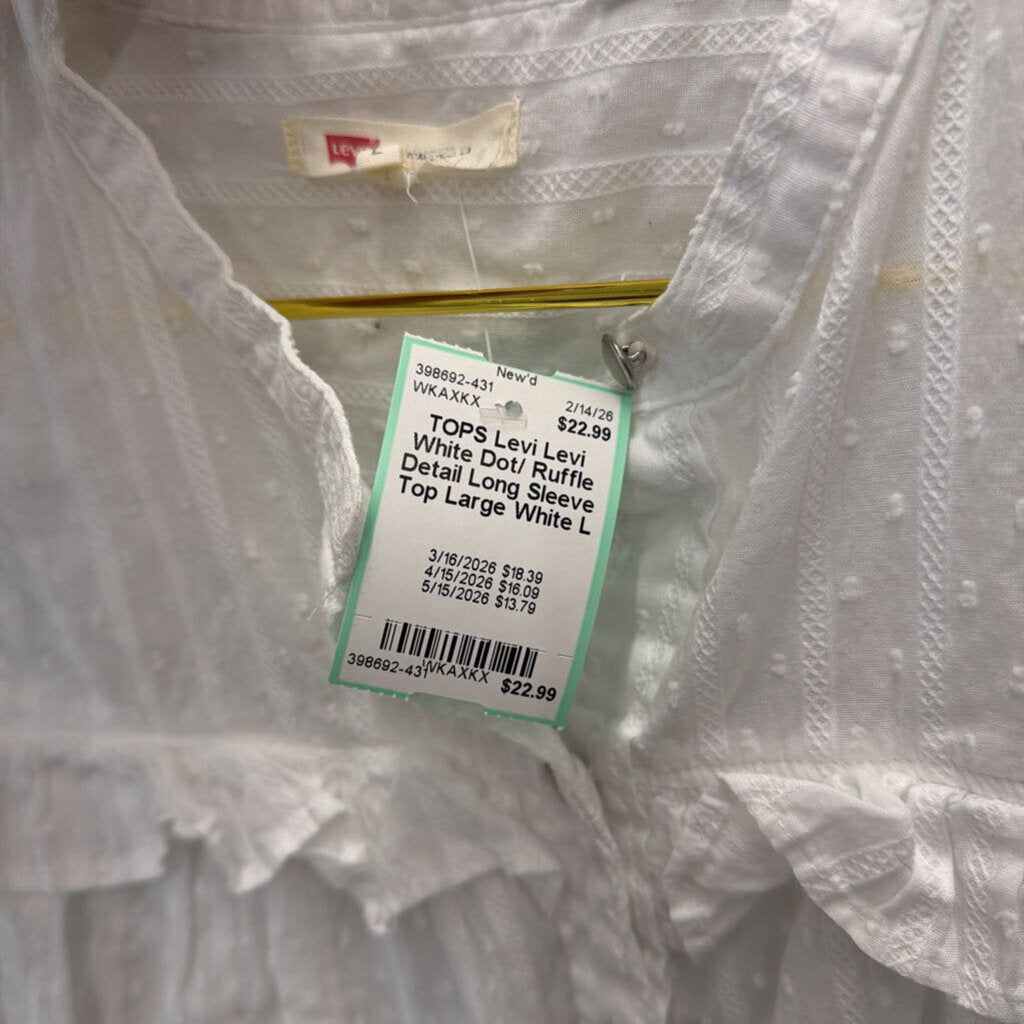 Levi White Dot/ Ruffle Detail Long Sleeve Top Large