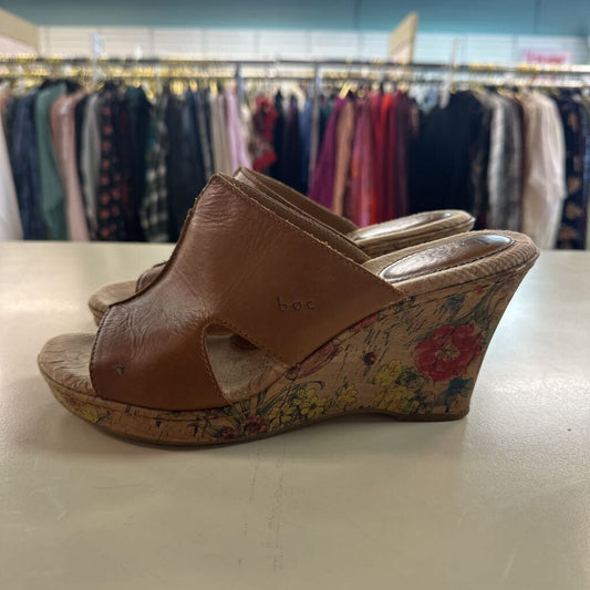 BOC Brown Leather Diana Floral Print Cork Wedge Shoes 9