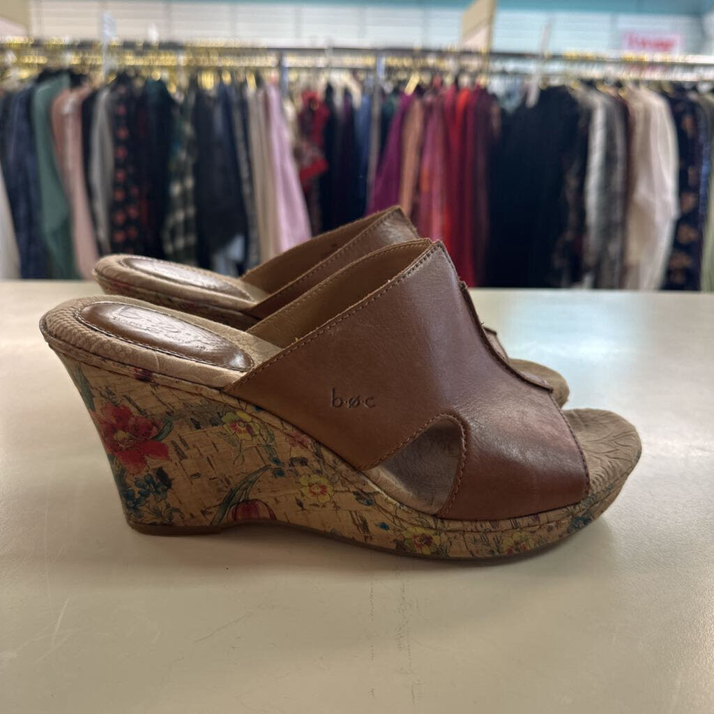 BOC Brown Leather Diana Floral Print Cork Wedge Shoes 9