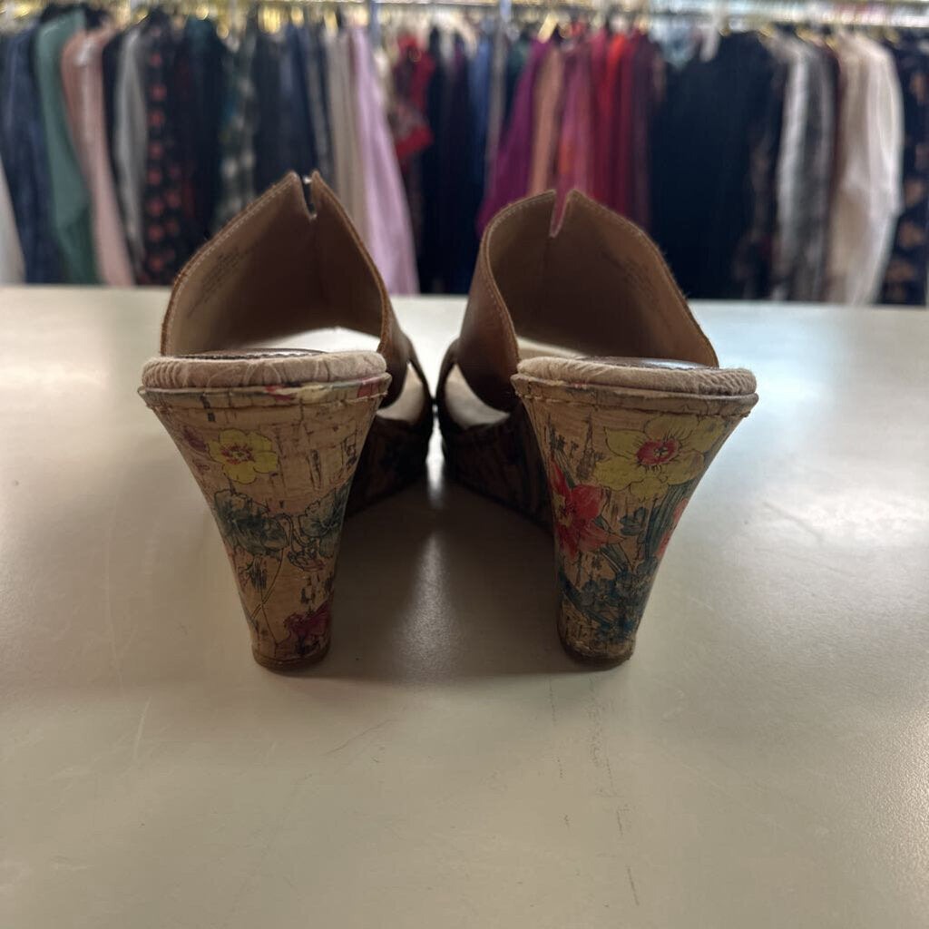 BOC Brown Leather Diana Floral Print Cork Wedge Shoes 9