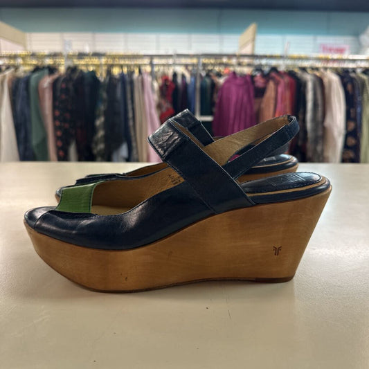 Frye Navy/ Green Leather Blair Slingback Wooden Wedge Shoes 9