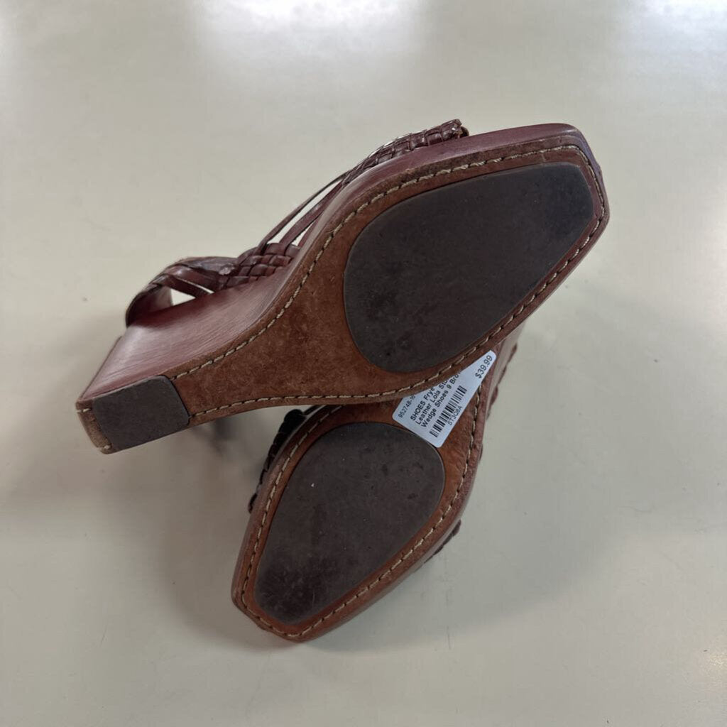 Frye Brown Leather Lola Studded Sling Wedge Shoes 9