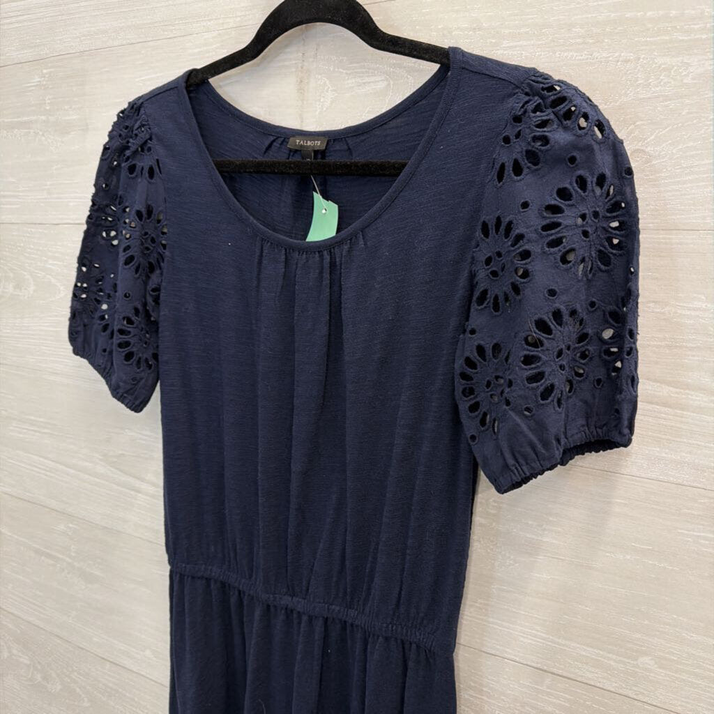 Talbots Navy Eyelet Short Puff Sleeve Dress Extra Small