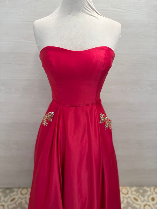 Blondie Nites Hot Pink Satin Strapless Embellished Pocket A Line Long Formal Dress 7