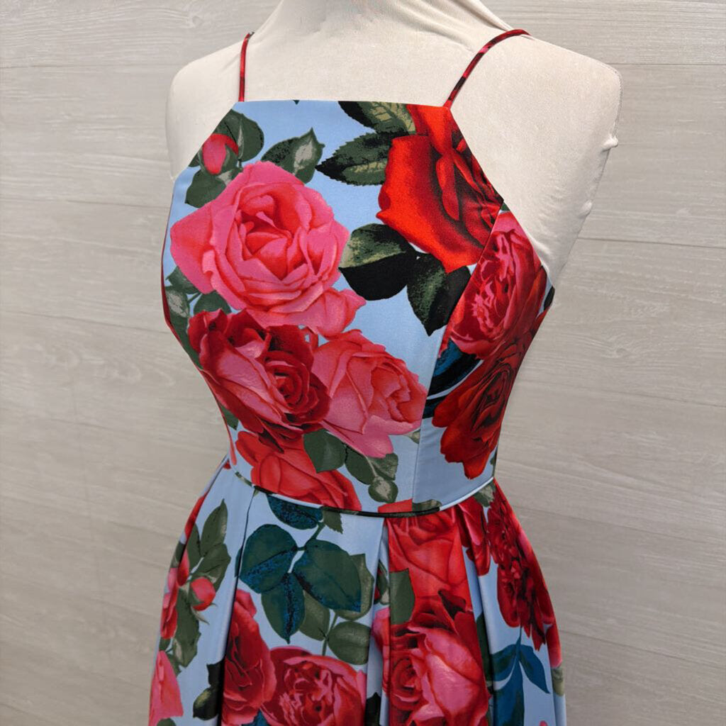 Betsy and Adam Blue/ Red Floral Print Lace Up Back A Line Long Formal Dress 6