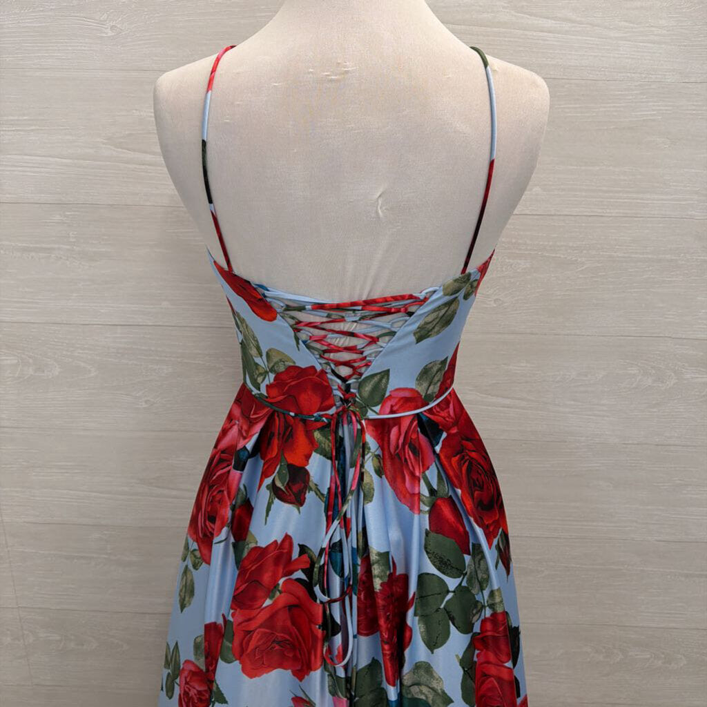 Betsy and Adam Blue/ Red Floral Print Lace Up Back A Line Long Formal Dress 6