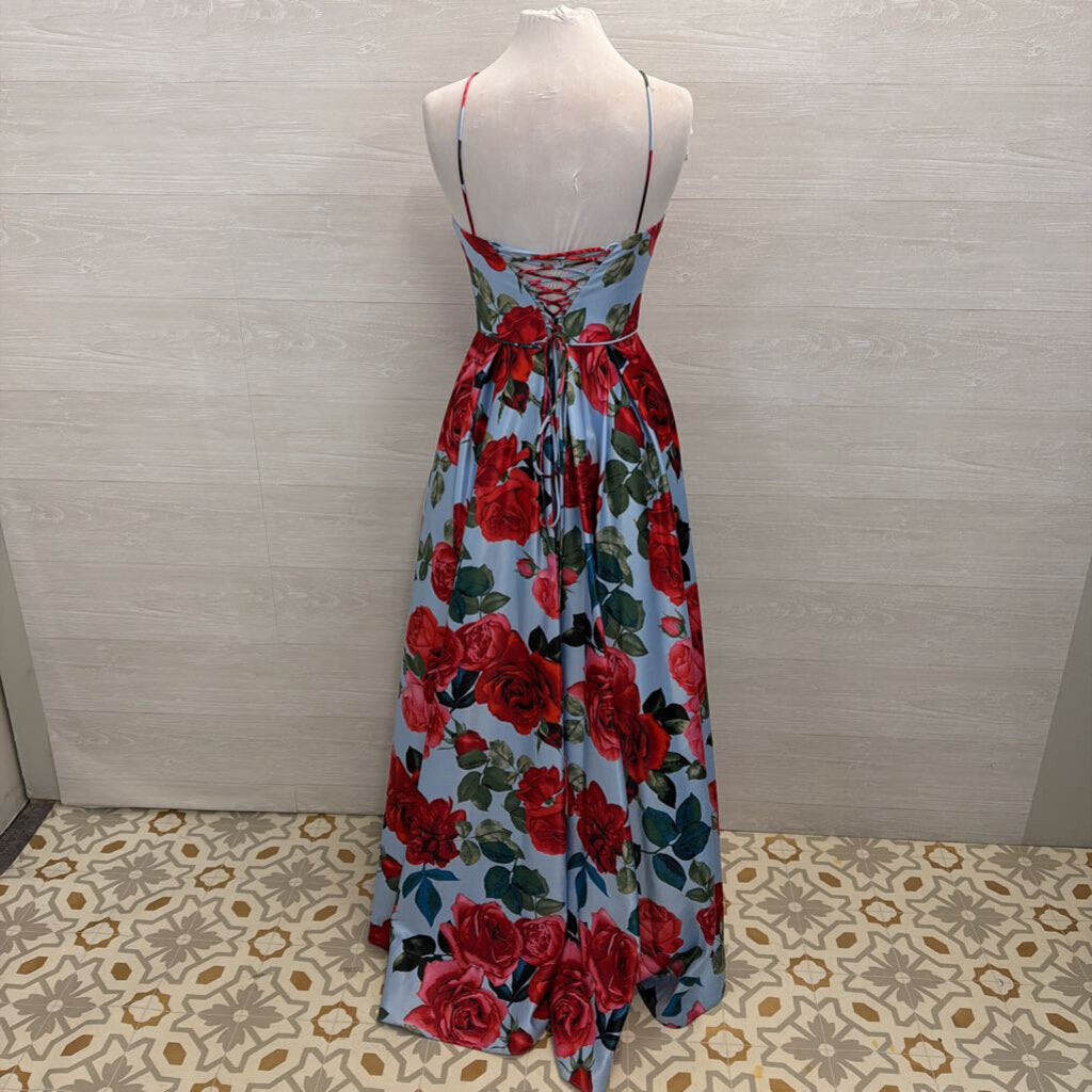 Betsy and Adam Blue/ Red Floral Print Lace Up Back A Line Long Formal Dress 6