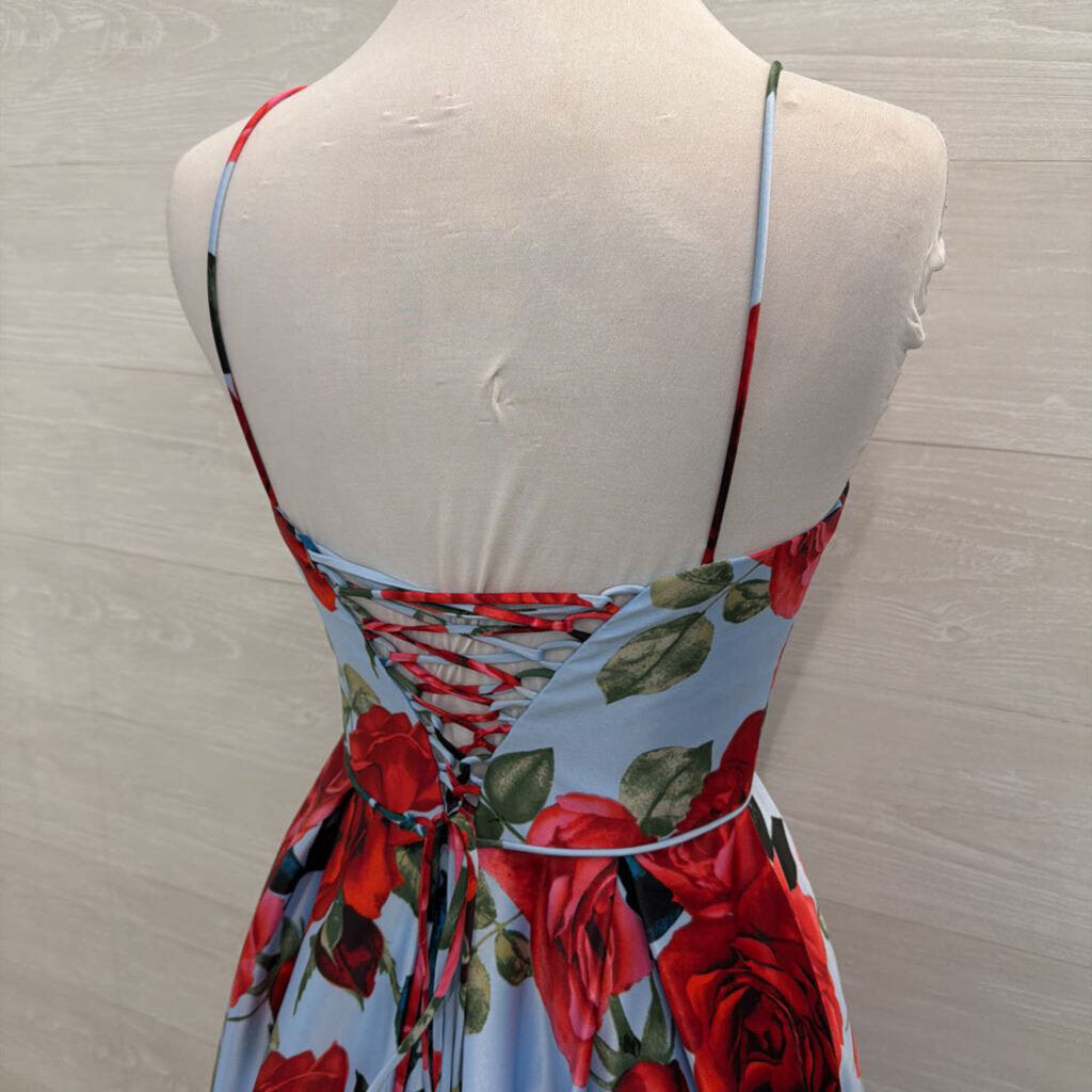 Betsy and Adam Blue/ Red Floral Print Lace Up Back A Line Long Formal Dress 6