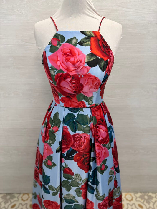 Betsy and Adam Blue/ Red Floral Print Lace Up Back A Line Long Formal Dress 6