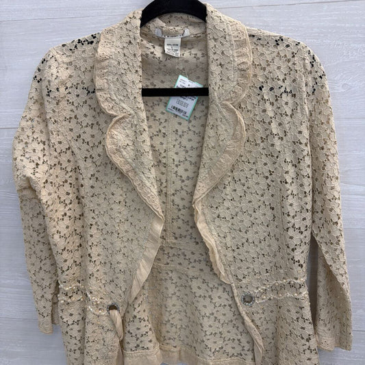 Beige Lace Tie Front Beaded Detail Long Sleeve Top Large