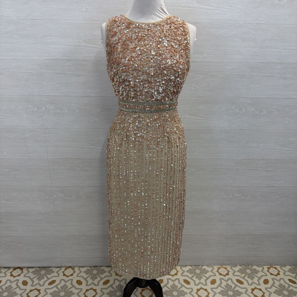 MacDuggal Beige/ Pink Beaded Sequin Sleeveless Midi Formal Dress 8