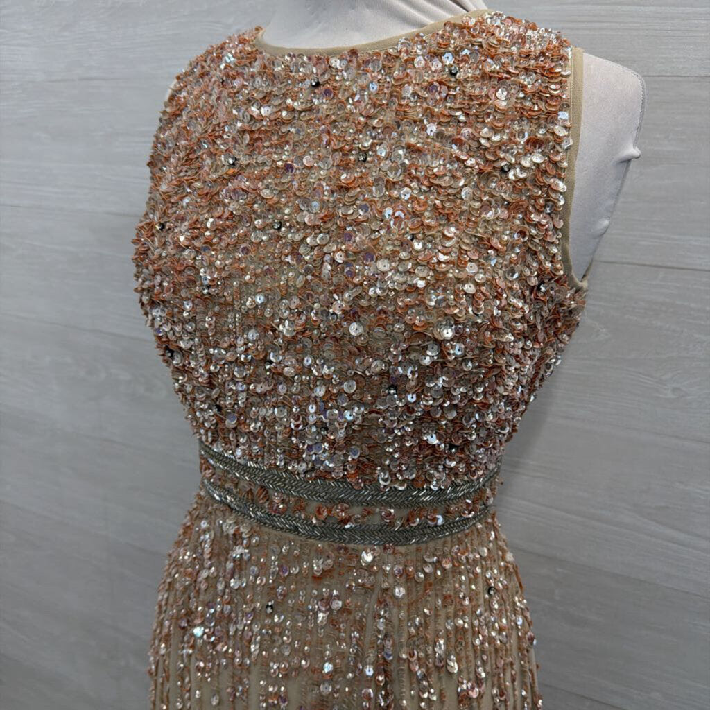 MacDuggal Beige/ Pink Beaded Sequin Sleeveless Midi Formal Dress 8