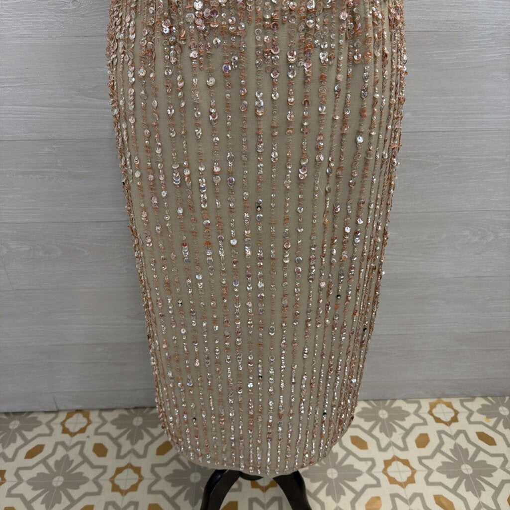 MacDuggal Beige/ Pink Beaded Sequin Sleeveless Midi Formal Dress 8