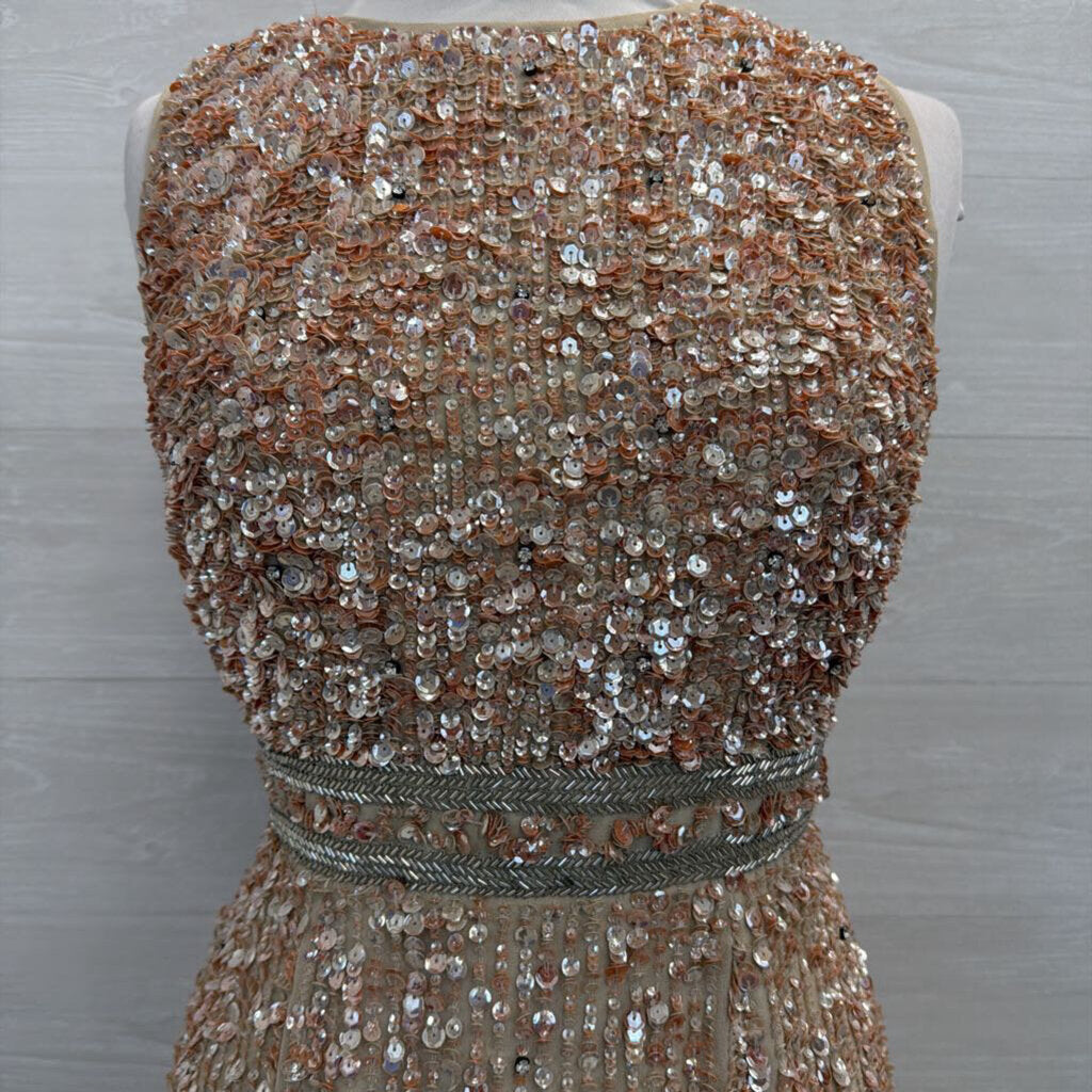 MacDuggal Beige/ Pink Beaded Sequin Sleeveless Midi Formal Dress 8