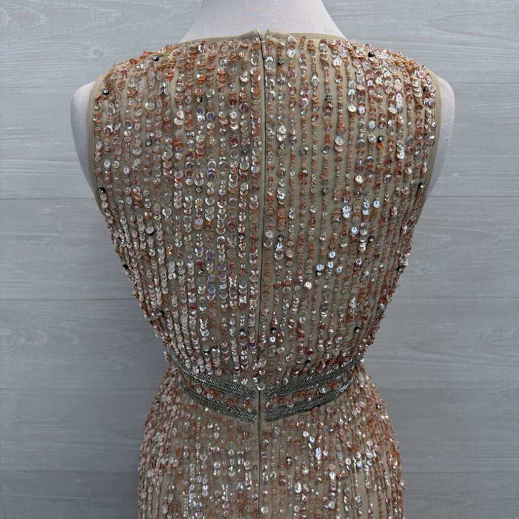 MacDuggal Beige/ Pink Beaded Sequin Sleeveless Midi Formal Dress 8