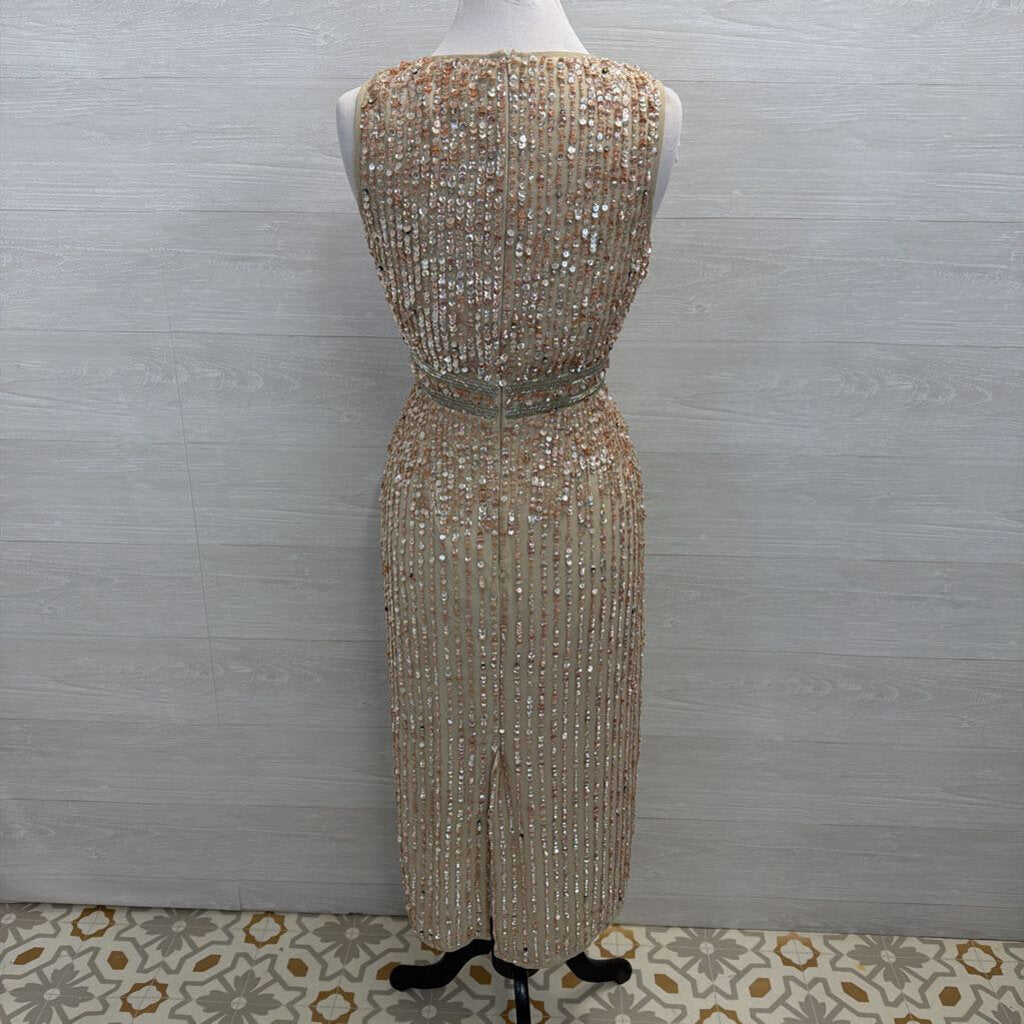 MacDuggal Beige/ Pink Beaded Sequin Sleeveless Midi Formal Dress 8