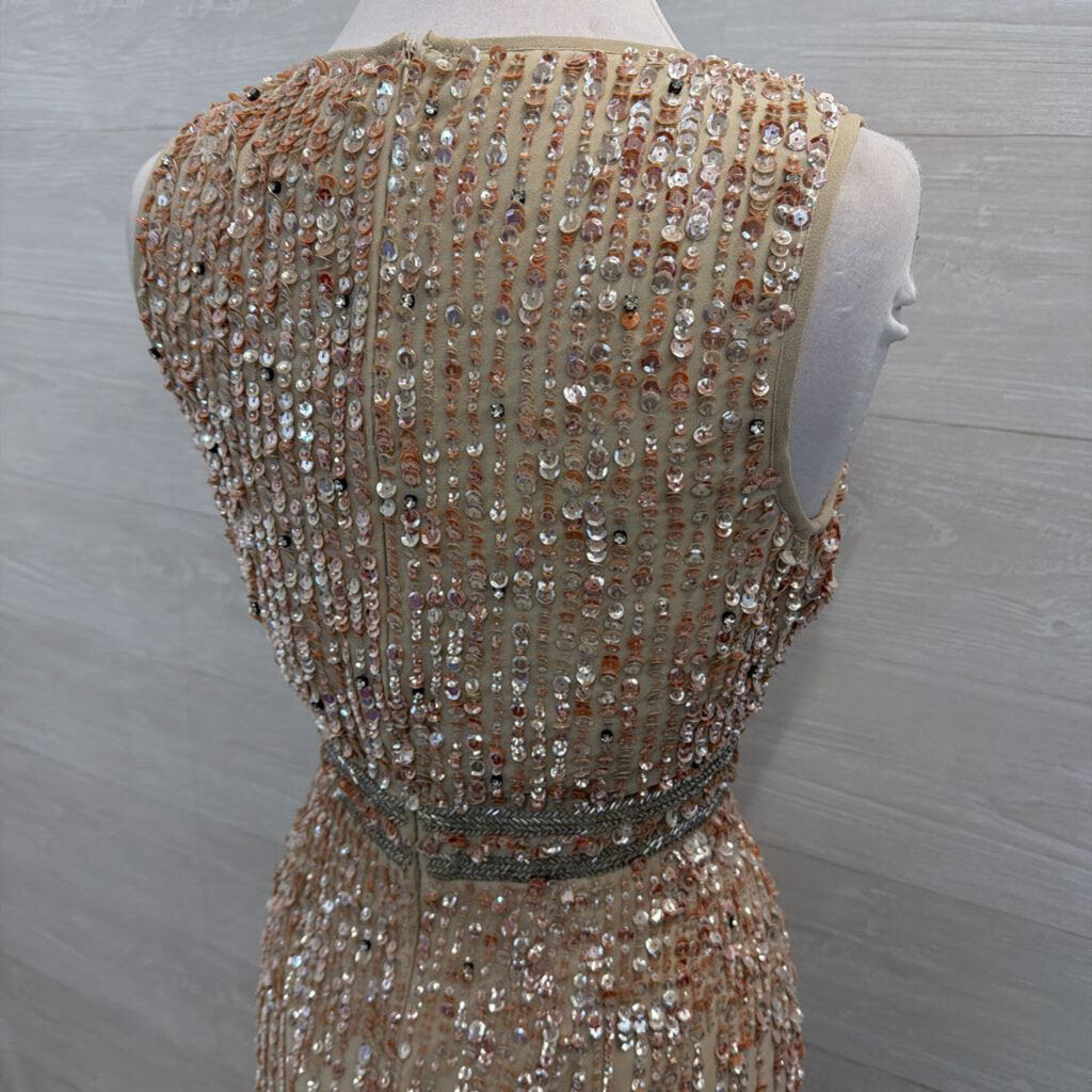 MacDuggal Beige/ Pink Beaded Sequin Sleeveless Midi Formal Dress 8