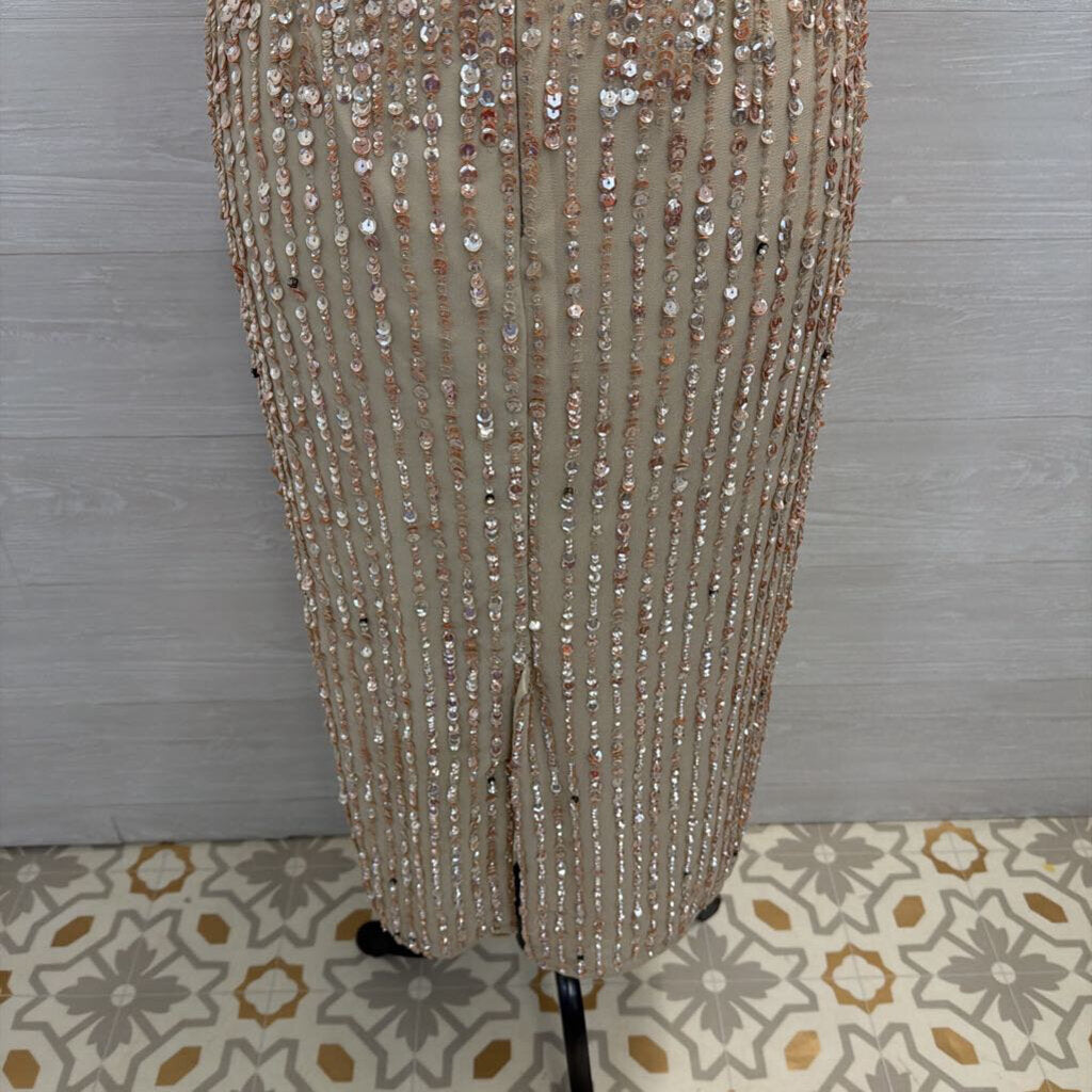 MacDuggal Beige/ Pink Beaded Sequin Sleeveless Midi Formal Dress 8