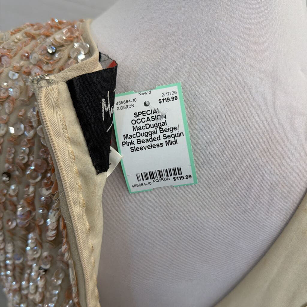 MacDuggal Beige/ Pink Beaded Sequin Sleeveless Midi Formal Dress 8