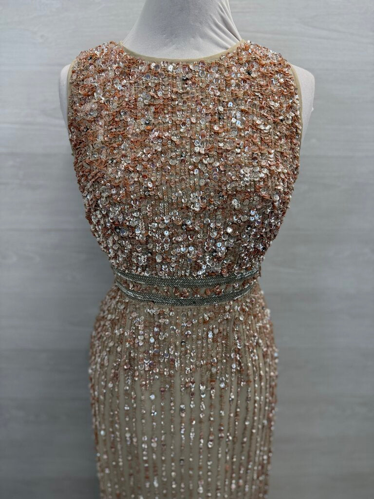 MacDuggal Beige/ Pink Beaded Sequin Sleeveless Midi Formal Dress 8