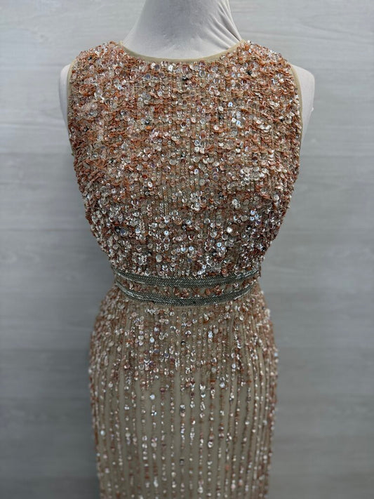 MacDuggal Beige/ Pink Beaded Sequin Sleeveless Midi Formal Dress 8