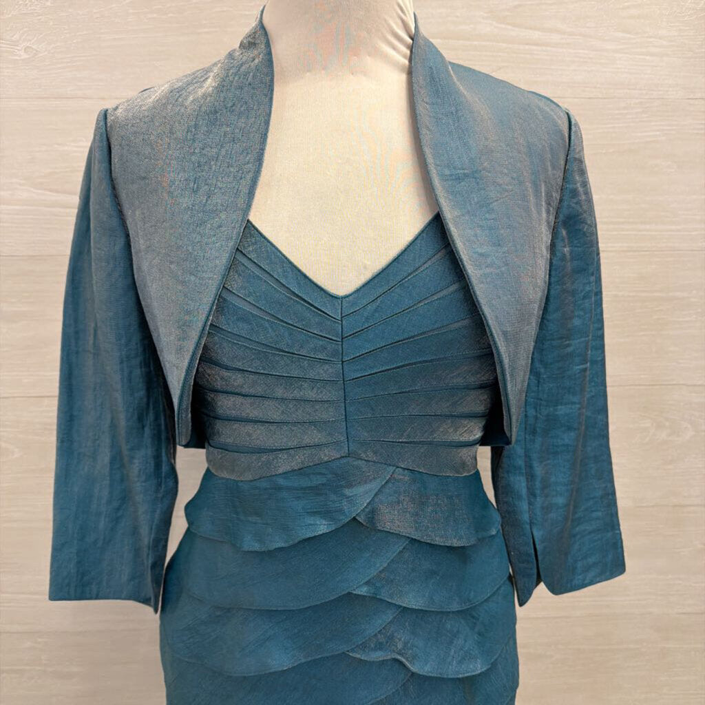 Adrianna Papell Blue Sheen Layered Short Formal Dress With Jacket 10