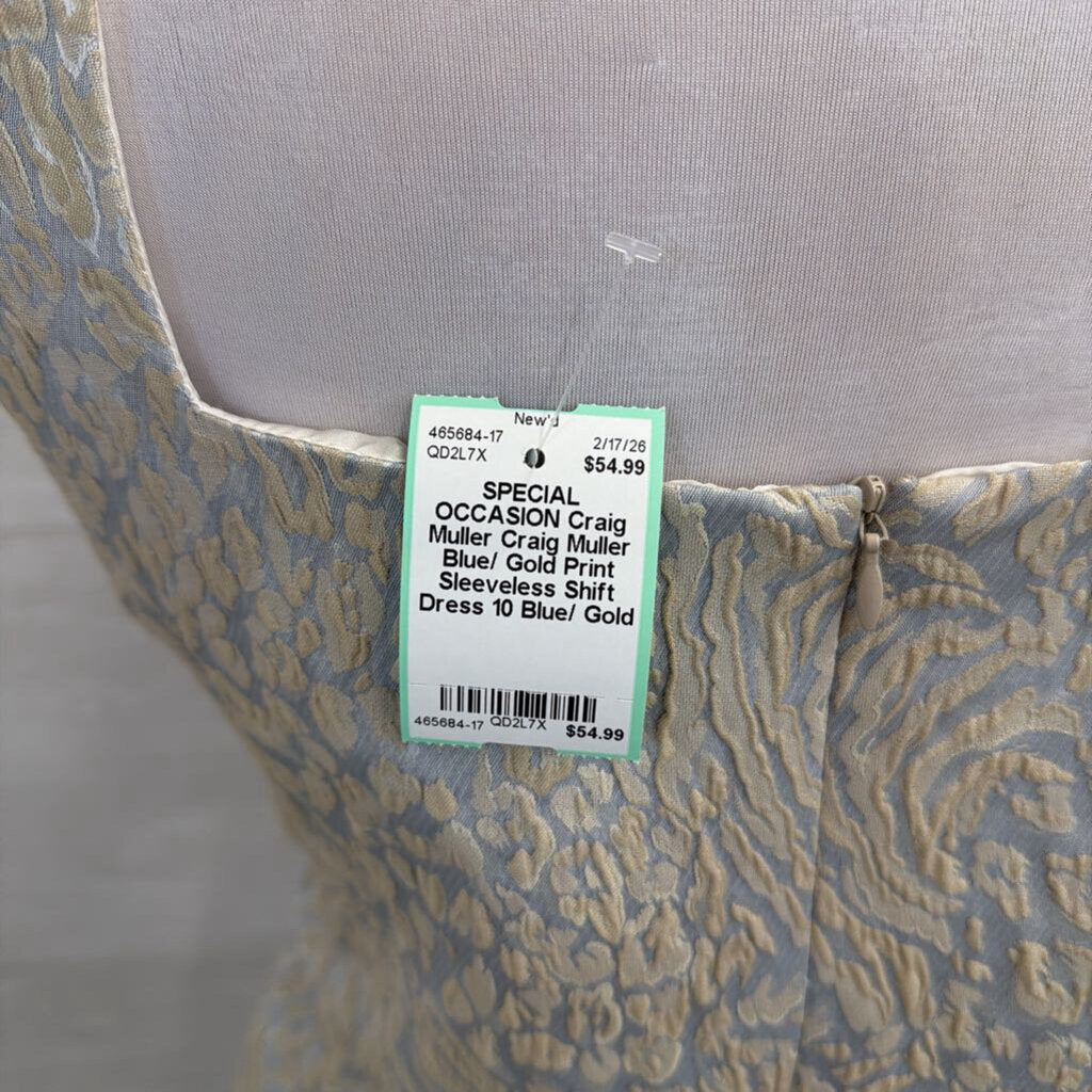 Craig Muller Blue/ Gold Print Sleeveless Shift Dress 10