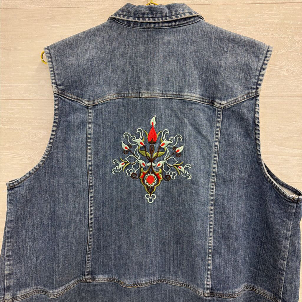 CJ Banks Medium Wash Denim Embroidered Back Vest Top 1X