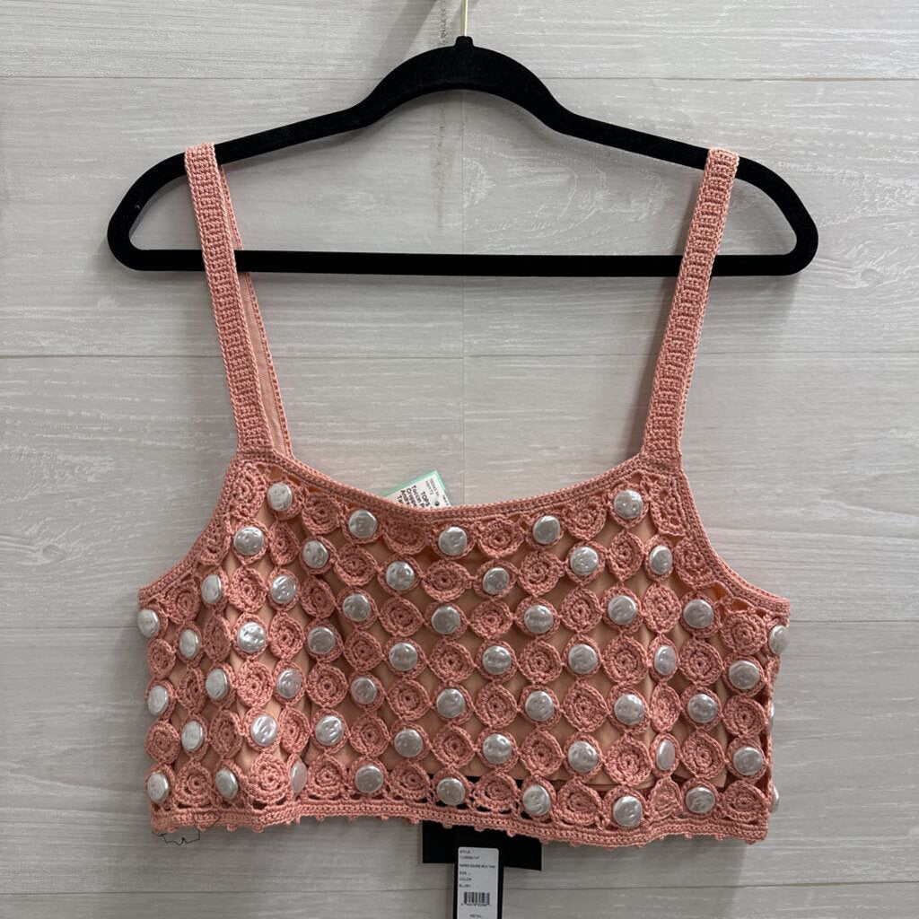 Toccin Pink Crochet Cropped Faux Pearl Andrea Square Neck Tank Large