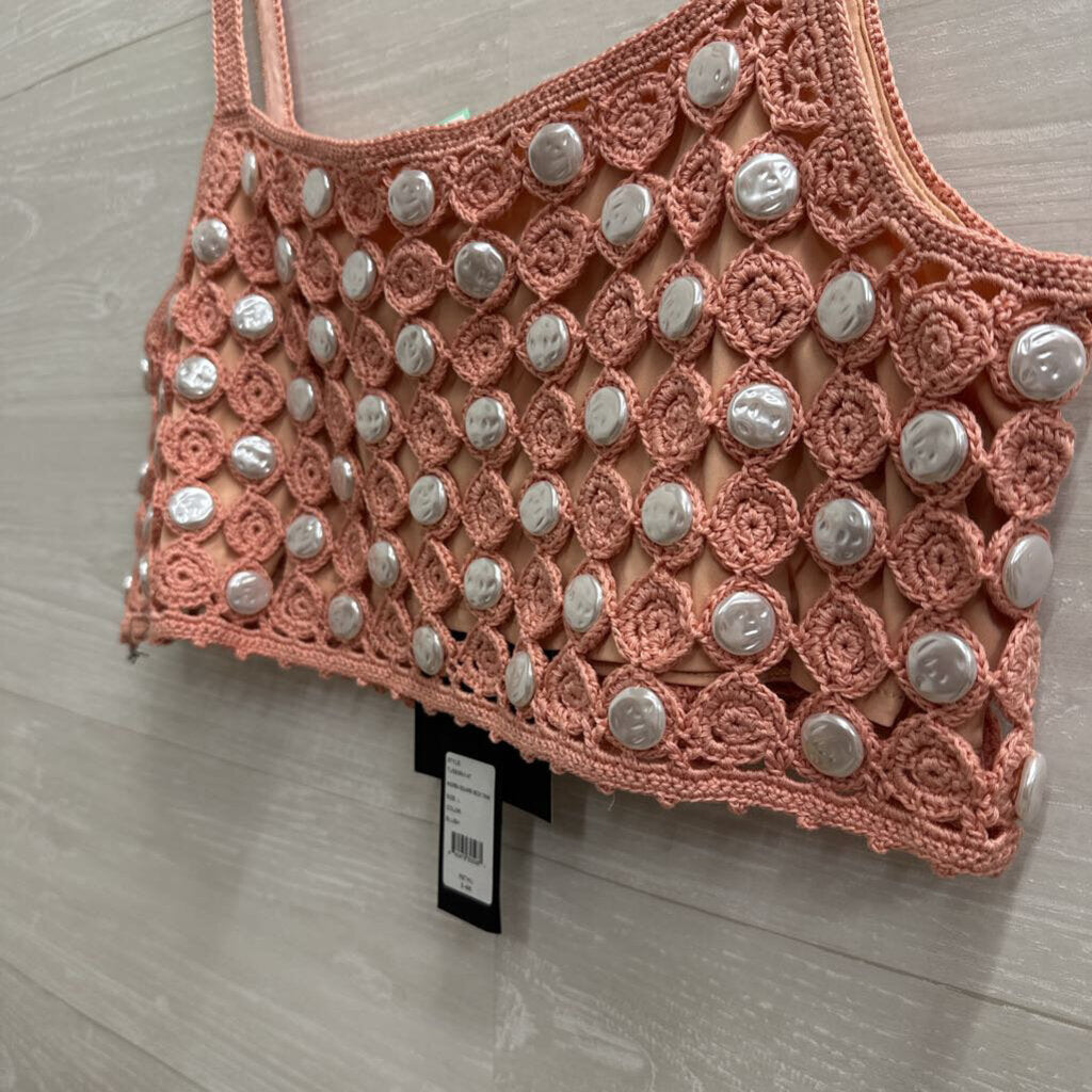 Toccin Pink Crochet Cropped Faux Pearl Andrea Square Neck Tank Large