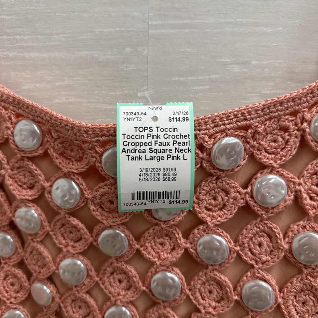 Toccin Pink Crochet Cropped Faux Pearl Andrea Square Neck Tank Large