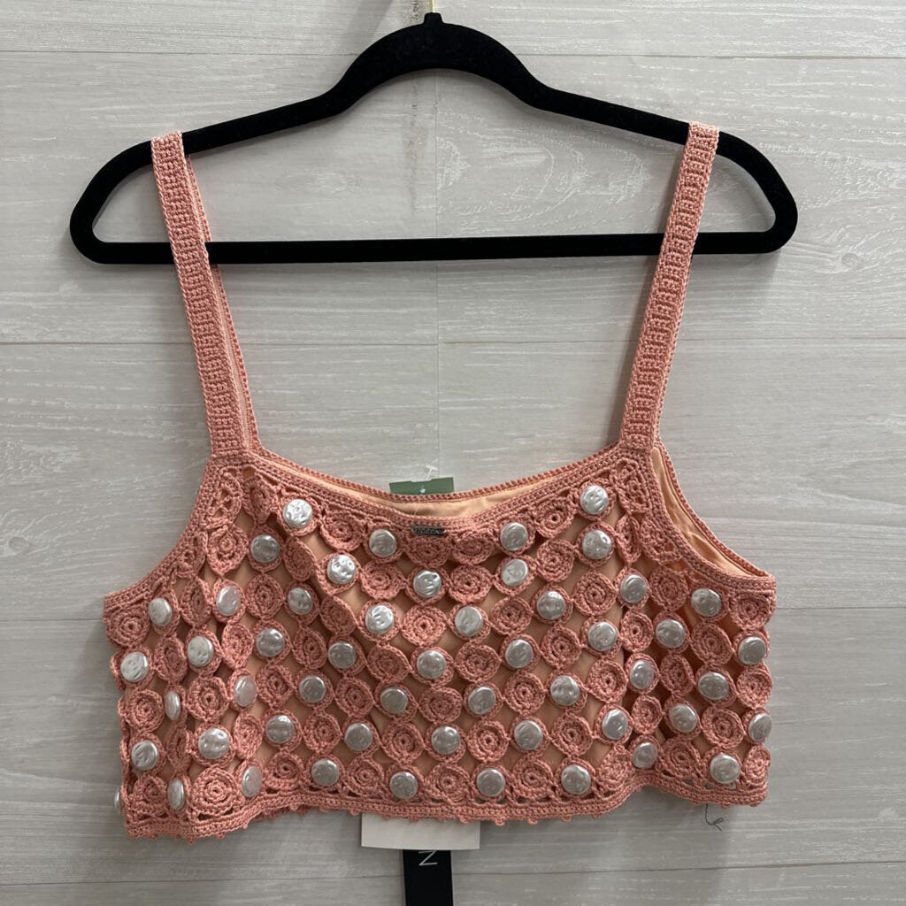 Toccin Pink Crochet Cropped Faux Pearl Andrea Square Neck Tank Large