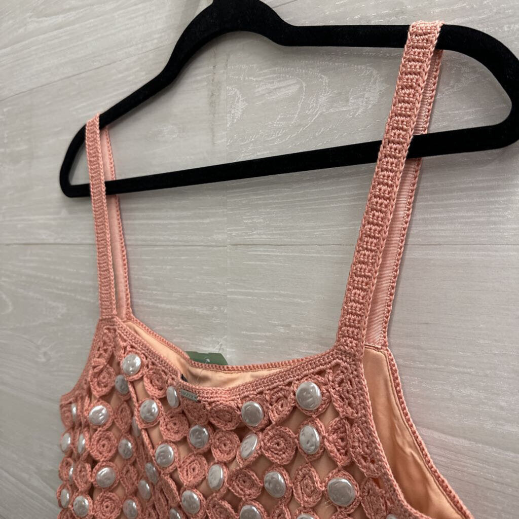 Toccin Pink Crochet Cropped Faux Pearl Andrea Square Neck Tank Large