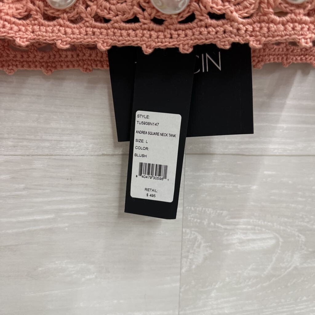 Toccin Pink Crochet Cropped Faux Pearl Andrea Square Neck Tank Large