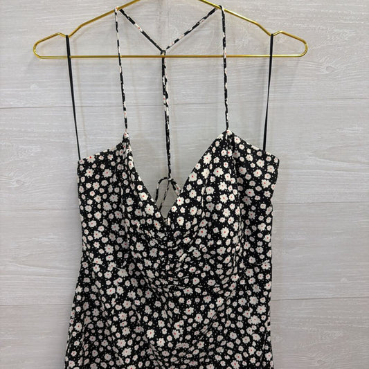 Black/ White Flower Print Midi Linen Blend Dress Large